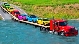 Flatbed Trailer Truck Insane Cars Rescue in Flooded ???? BeamNG Drive!