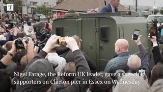 Nigel Farage arrives in armoured vehicle at Clacton rally.