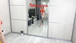 [4K USA Housewife]????????How to clean a mirror_ Body art suit Transparent Haul No Bra See Through Try On