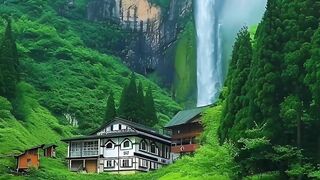 Natural beauty with a backdrop of mountains and waterfalls