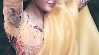 Bindya chamkay gi paiyal khanke gi yellowish saree erar rings necklace fashion