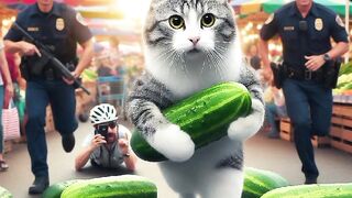 Is the cat running with the cucumber