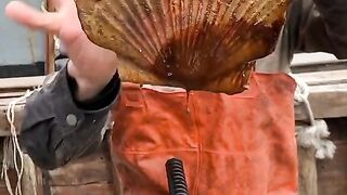 The man eating and cooking sea food