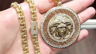 Men's Real Gold Greek Design Chino Link Chain & Medusa Pendant