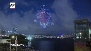 Drone show creates cartoon character Doraemon in Hong Kong skies.