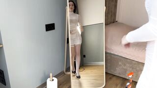 [4K USA] ✨ Elegant Mirror Cleaning Routine _ White Dress _ No Bra _ Try On Haul