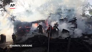 Private stables in Kharkiv region on fire after Russian strike.