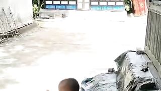 Funny Video. A small child falls and a boy falls while tearing a poster.