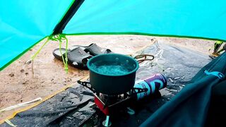 Solo Camping Heavy Rain Lightning | Cook mendoan tempeh, ASMR