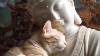 A cat fawning over a statue