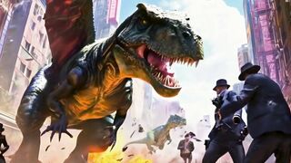 A Dinosaur & War a sci-fi City.