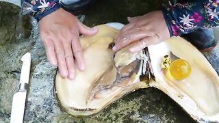 The girl discovered a sparkling giant clam filled with countless golden pearls, priceless in value