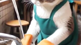 Cat is washing dishes