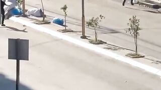 Children trying to shoot down an occupation army drone during the storming of the city of Jenin yesterday