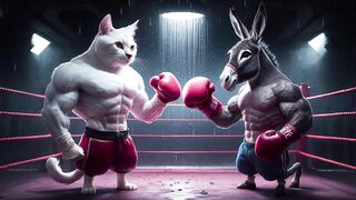 Clash in the Ring： Donkey's Fury vs. Cat's Fall???????????? #catlover  #midjourney #catlover #cuteca
