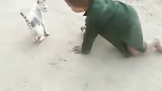 Cute kid and cat