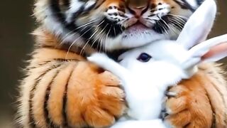 A tiger loving a cute little rabbit ????