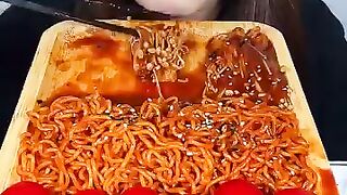 Asmr Mukbang, Food With Plate, Spicist Enoki Mushrooms, And Noodles Meatballs Spicy Yummy