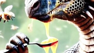 Dragon eats  and is surrounded by  bees