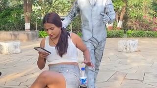 White man cold drink prank with hot girl.