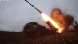 Russian forces fire Hurricane multiple rocket launchers at Ukrainian position