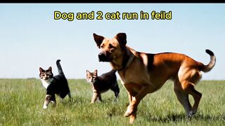 Dog and 2 cat run in feild