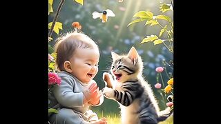 Laughing baby with cat