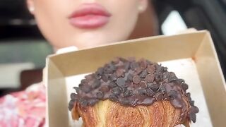 The sound of eating a chocolate and strawberry croissant