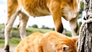 A cute cat fun with a cow