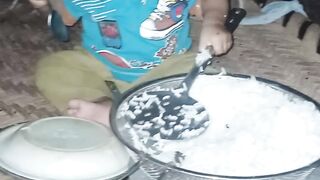 Baba eating ???? rice noodles and ????