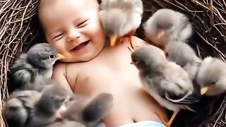 Baby with chickens