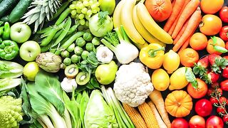 Fresh organic fruits and vegetables in rainbow colors