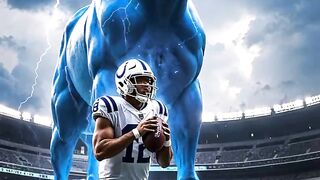 NFL-Team, die einen Spieler mit einem 30 Meter hohen Tier zeigen