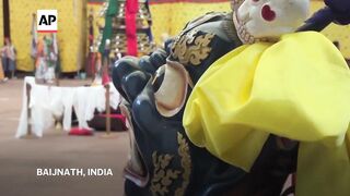 Wrathful deities are invoked in a Tibetan Buddhist dance in a monastery in north India.