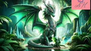 Behold the majestic Dragon Queen of Emerald, standing regally with her precious baby dragon.