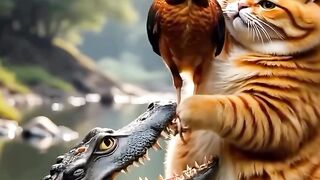 Cat makes clothes from crocodile