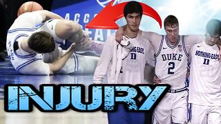 Duke's Cooper Flagg helped off court with ankle injury, ruled out.