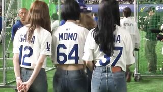 K-Pop group MISAMO members throw first pitch at Dodgers vs Tigers game in Tokyo.