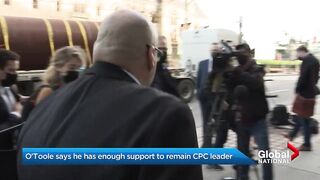 Erin O'Toole claims he has support to remain Conservative leader as caucus meets.
