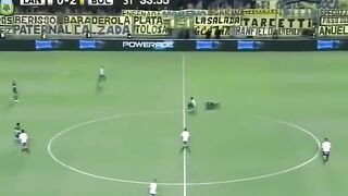 Funny red soccer press play