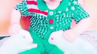 cute baby are playing with rabbits