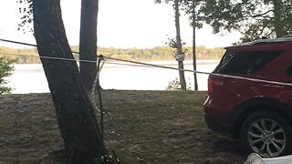 Camping with a campfire and a tent