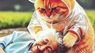 A yellow Fat Cat Helping The Grand Mother