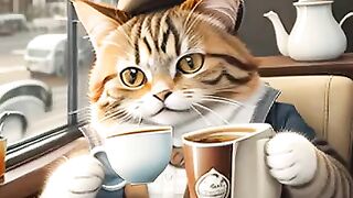 Cartoon orange cat drinking a cup of coffee