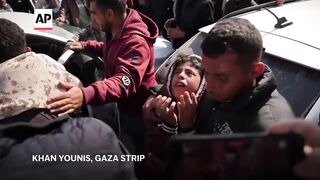 Bodies of 15 victims, including children, killed in Israeli attacks, brought to Khan Younis hospital.