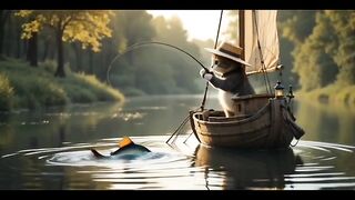 একটি বিড়াল নৌকা নিয়ে নদীতে মাছ ধরাছে