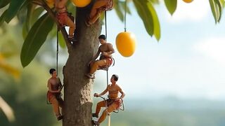 Tiny people with mango juice