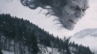 a large, dark, and monstrous figure looming over a snow-covered village.