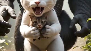 A large monkey attacked a cat and its baby.