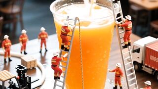 Tiny people making different fruits juice